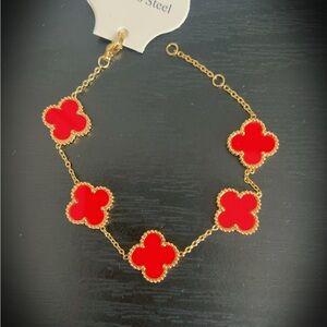Red and Gold Quatrefoil Bracelet with Enamel Charms